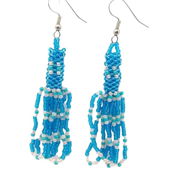 Boho Dangle Drop Beaded Tassel Earrings Blue Handmade Jewelry Silver Tone Hook - Picture 1 of 3